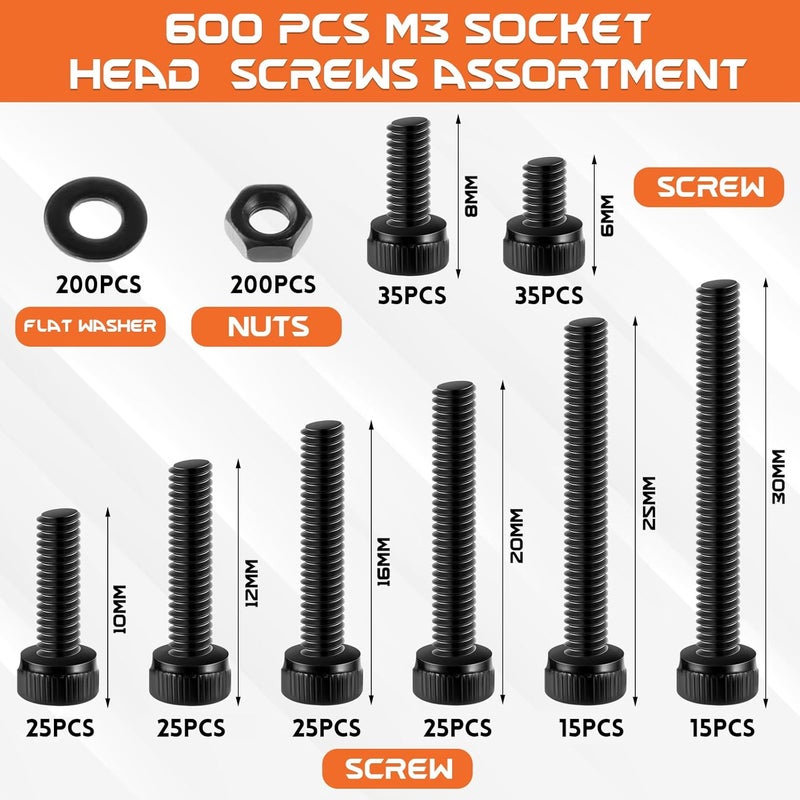 Hapric 600 Pcs M3 Screws Assortment Kit, M3x 6/8/10/12/16/20/25/30mm M3 Screw Kits 12.9 Alloy Steel Nuts and Bolts Assortment Kit Black Zinc Plated Hex Socket Head Screws Nuts Bolts and Washers Set - Image 2